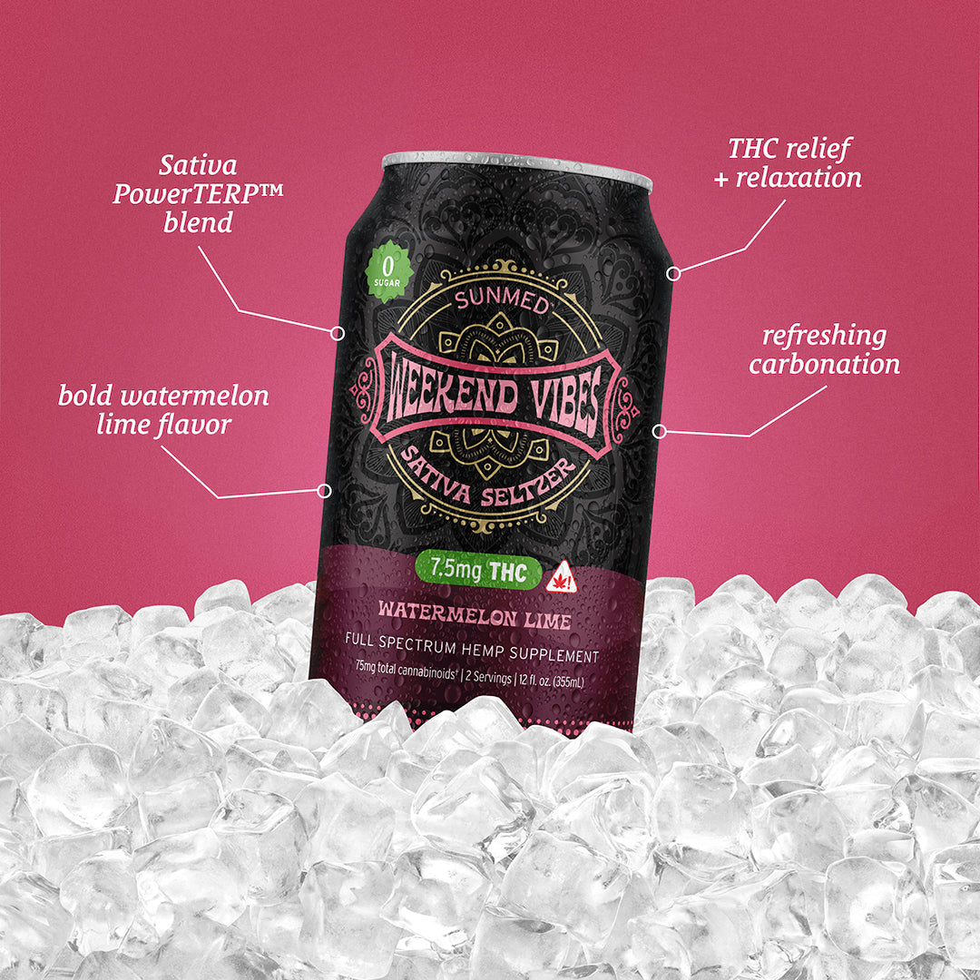 Sunmed CBD's Beyond Weekend Vibes Sativa THC Seltzer - 4 Pack, with its refreshing watermelon lime flavor and enhanced PowerTERP™ Blend, is perfect for chilling on ice. Featuring Delta-9 THC content, this seltzer is designed to elevate your weekend relaxation.