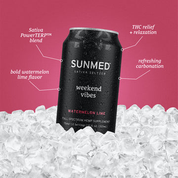 A pack of Beyond Weekend Vibes Sativa THC Seltzer (Watermelon Lime) from Sunmed CBD, encircled by ice, with text showcasing its Delta-9 THC advantages as a healthier substitute to alcohol against a vibrant pink backdrop.