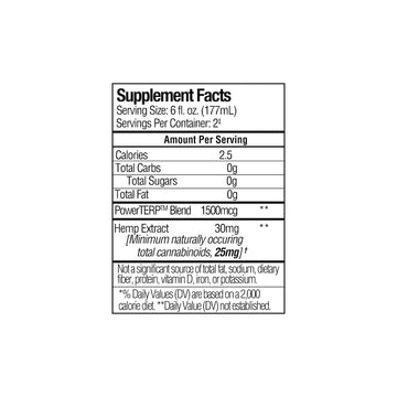 The supplement facts label for a 6 fl. oz. serving of Sunmed CBD&