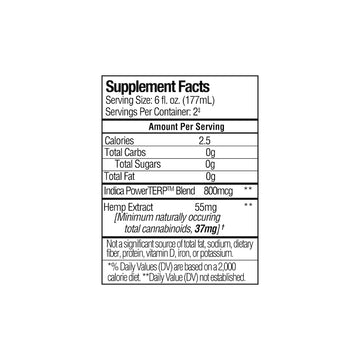 The Supplement Facts label for Beyond Just Chillin’ Indica THC Seltzer - 4 Pack by Sunmed CBD includes a 6 fl. oz. serving size, offering 24 servings per container, with each serving containing just 2.5 calories, 0g carbs, 0g sugars, and 55mg of hemp extract – making it an excellent alcohol alternative.