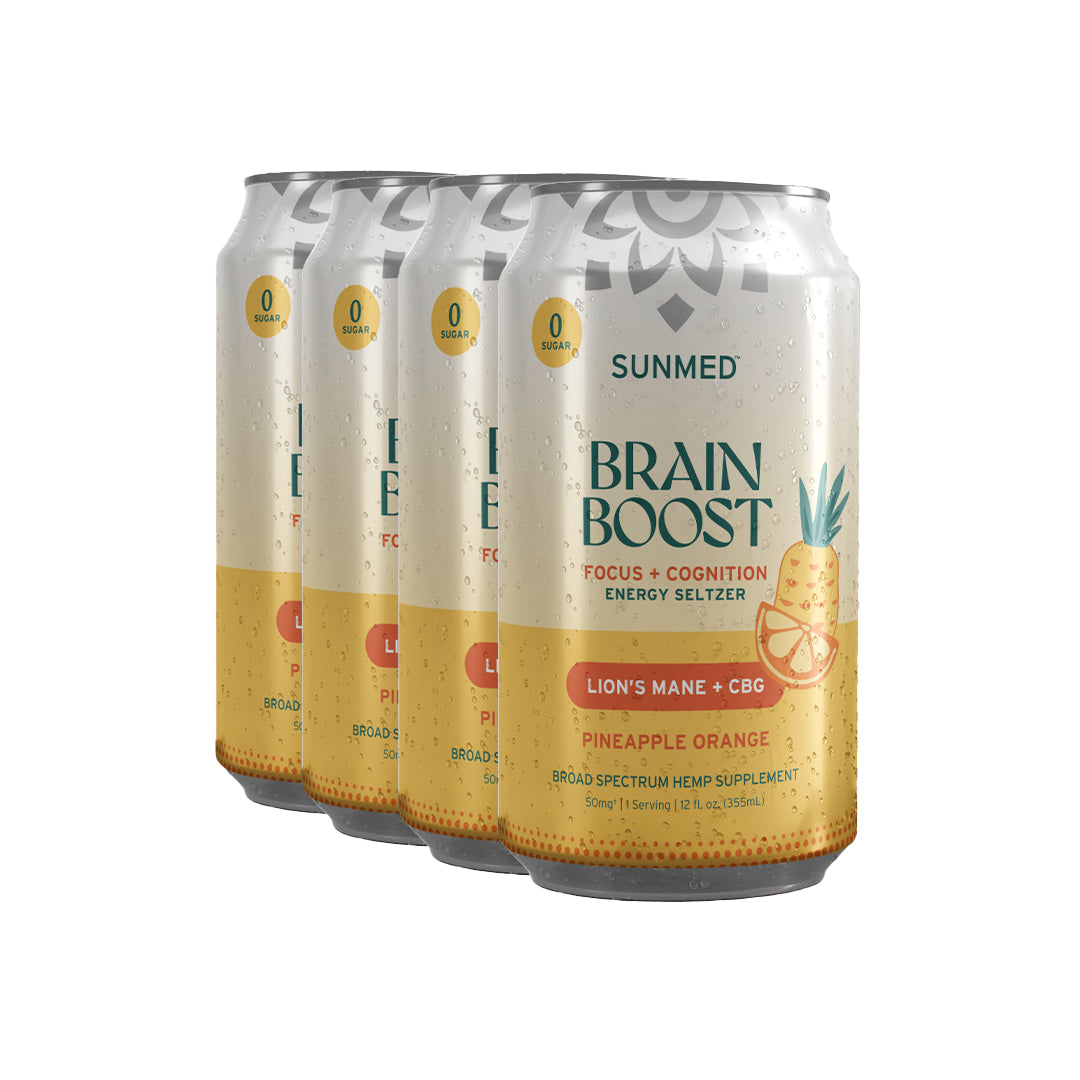 Four cans of Sunmed CBD Brain Boost Energy Seltzer - 4 Pack in Pineapple Orange flavor, featuring Lion's Mane and Broad Spectrum Hemp Extract, on a white background.