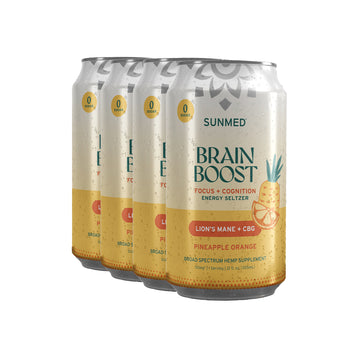 Four cans of Sunmed CBD Brain Boost Energy Seltzer - 4 Pack in Pineapple Orange flavor, featuring Lion&