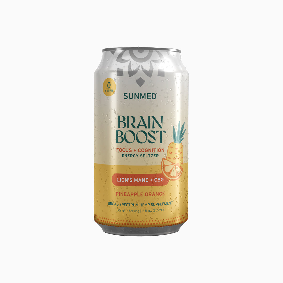 Can of Sunmed CBD Brain Boost Energy Seltzer in pineapple orange flavor with Lion's Mane and CBG for focus and cognition benefits.