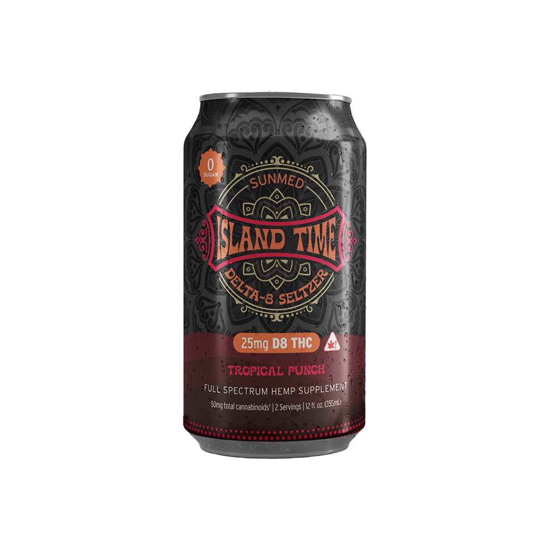 A sleek black can of Sunmed CBD's ABOVE Island Time Delta-8 THC Seltzer in refreshing Tropical Punch flavor, containing 25mg of D8 THC. This delightful drink serves as a perfect alcohol alternative with its invigorating blend of hemp extract and vibrant taste.