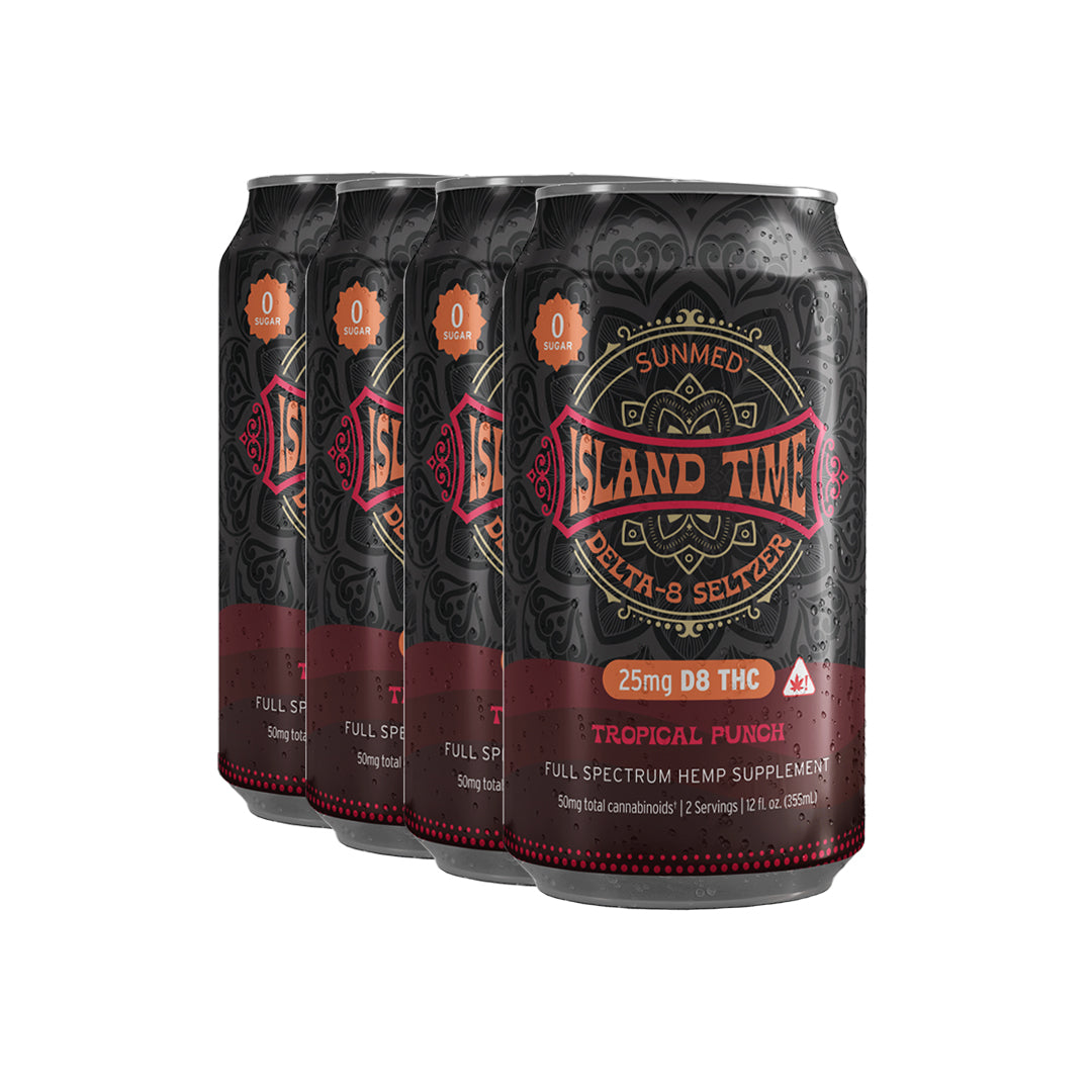 The 4-pack of Above Island Time Delta-8 THC Seltzer by Sunmed CBD, featuring an intricate black and red design, provides a refreshing alternative to alcohol.