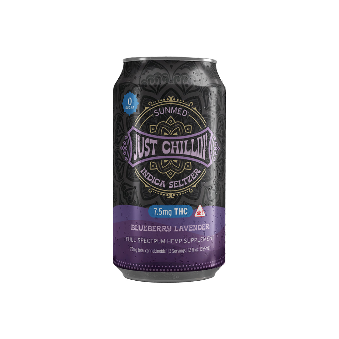 The purple and black can of "Beyond Just Chillin’" Indica THC Seltzer in Blueberry Lavender flavor by Sunmed CBD contains 7.5mg THC and provides a relaxing alcohol alternative infused with hemp extract.