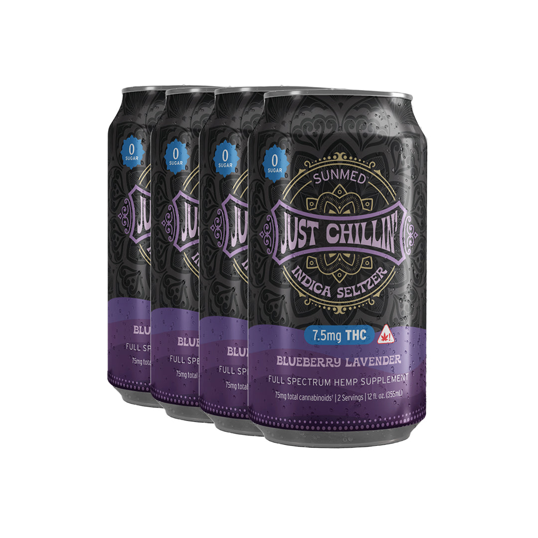 Enjoy a four-pack of Sunmed CBD's Beyond Just Chillin’ Indica THC Seltzer, featuring blueberry lavender flavor with each can infused with 7.5mg of THC and Indica PowerTERP™ for a blissful experience.