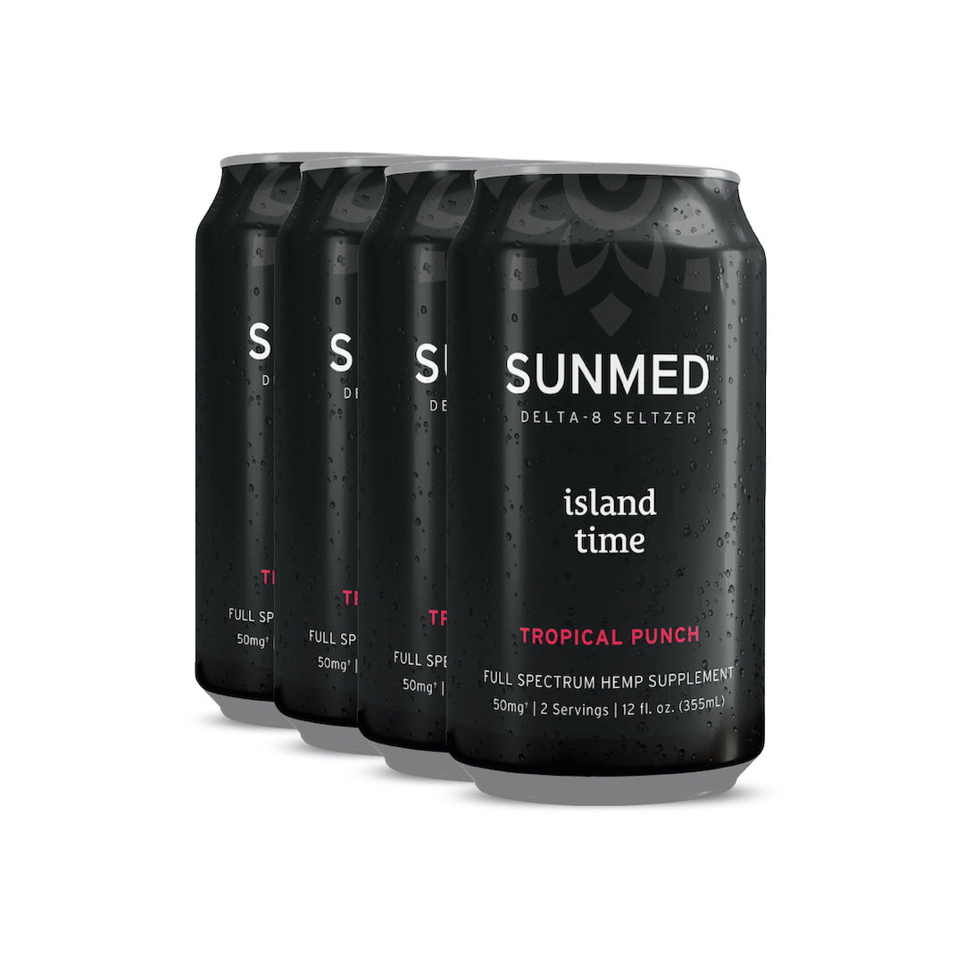 A row of four sleek, black cans labeled "Above Island Time Delta-8 THC Seltzer," named "Tropical Punch," offers a refreshing alcohol alternative featuring hemp extract from Sunmed CBD.