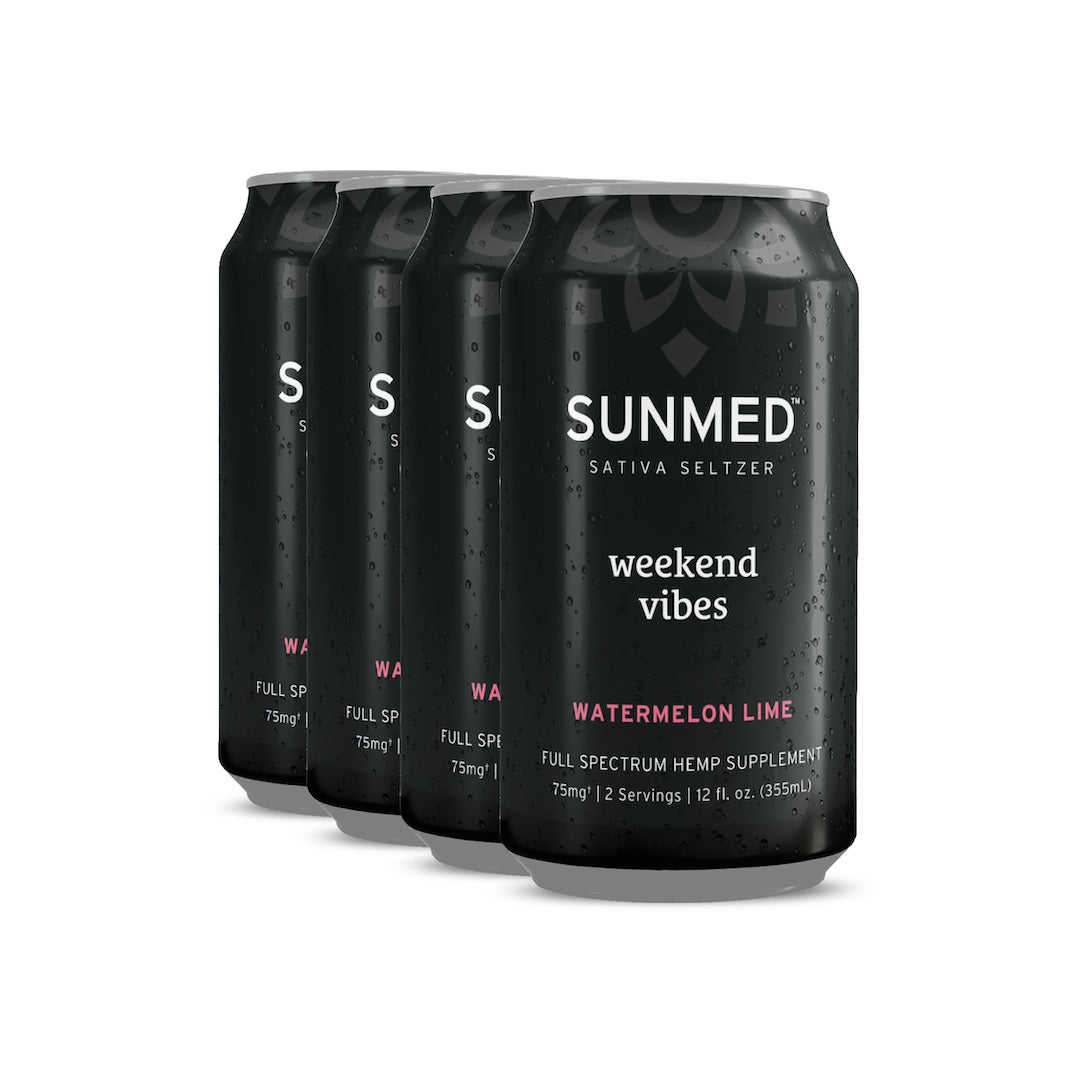 Four sleek black cans of Beyond Weekend Vibes Sativa THC Seltzer - 4 Pack by Sunmed CBD labeled "weekend vibes" and "watermelon lime" stand side by side, offering a refreshing alcohol alternative with the uplifting benefits of Delta-9 THC.