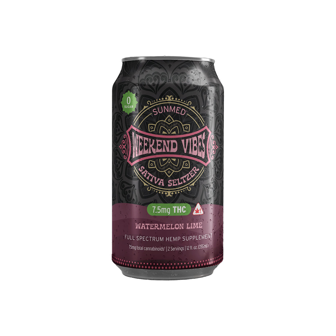 The black and pink "Beyond Weekend Vibes" Sativa THC Seltzer by Sunmed CBD, infused with watermelon lime flavor and 7.5 mg of Delta-9 THC, promises a refreshing twist to your relaxation ritual.