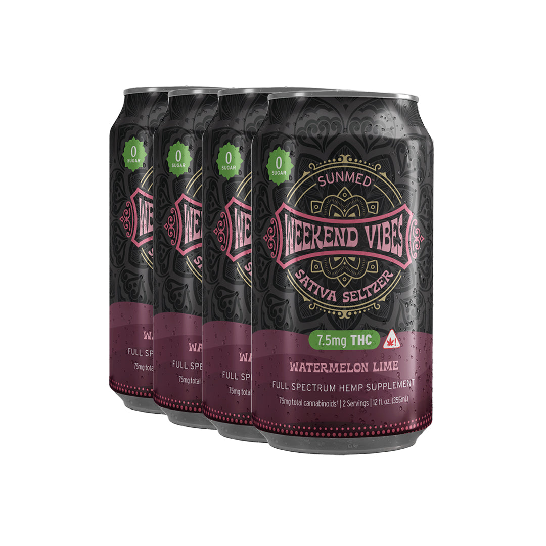 A four-pack of Beyond Weekend Vibes Sativa THC Seltzer by Sunmed CBD, each can infused with a PowerTERP™ Blend in Watermelon Lime flavor and 7.5mg of Delta-9 THC, all encased in a sleek dark-patterned design.