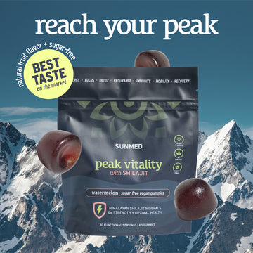 Bag of Sunmed CBD Shilajit Gummies with watermelon flavor, set against a snowy mountain background.