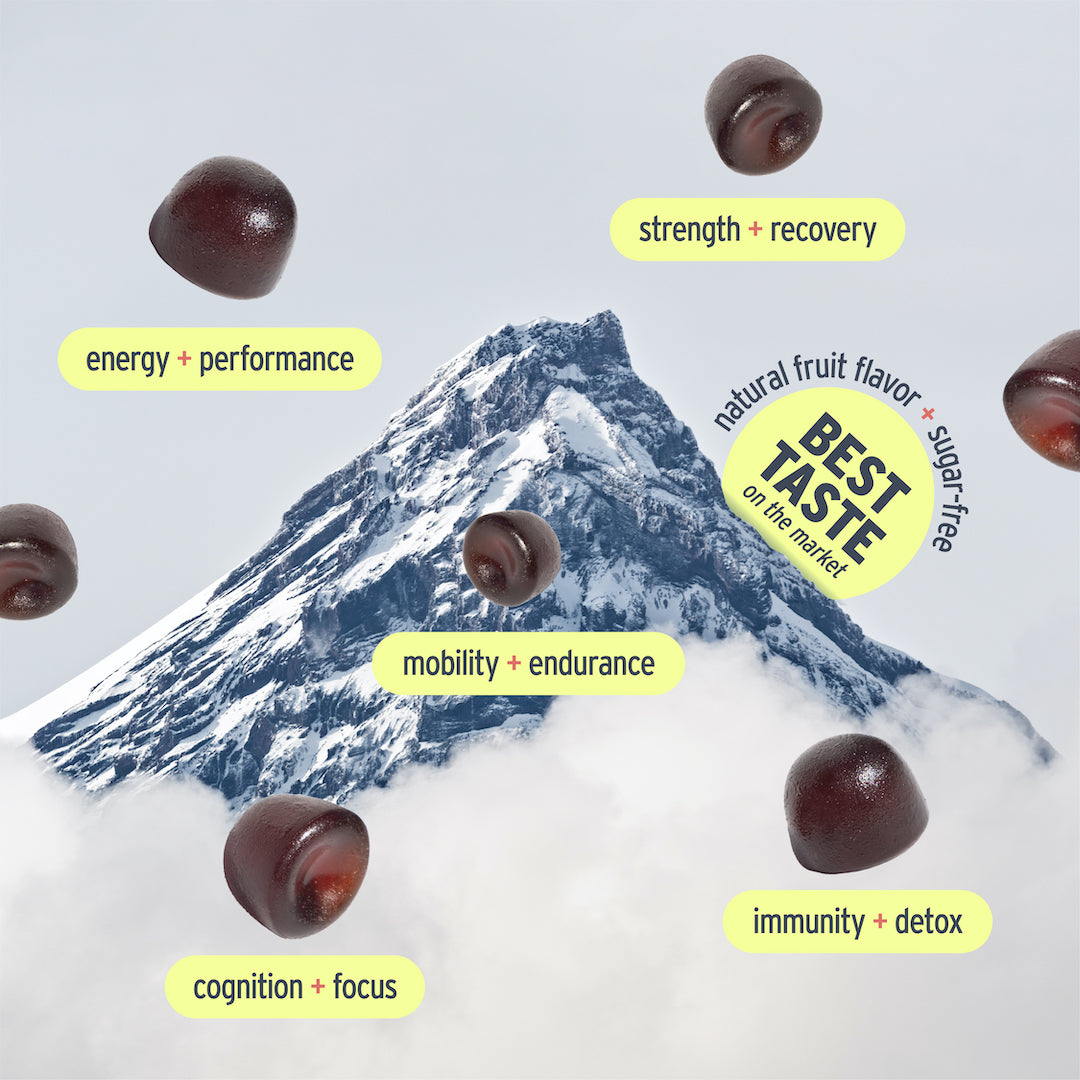 Sunmed CBD's Shilajit Gummies showcased against a mountain backdrop, emphasizing their benefits of strength, recovery, and energy.