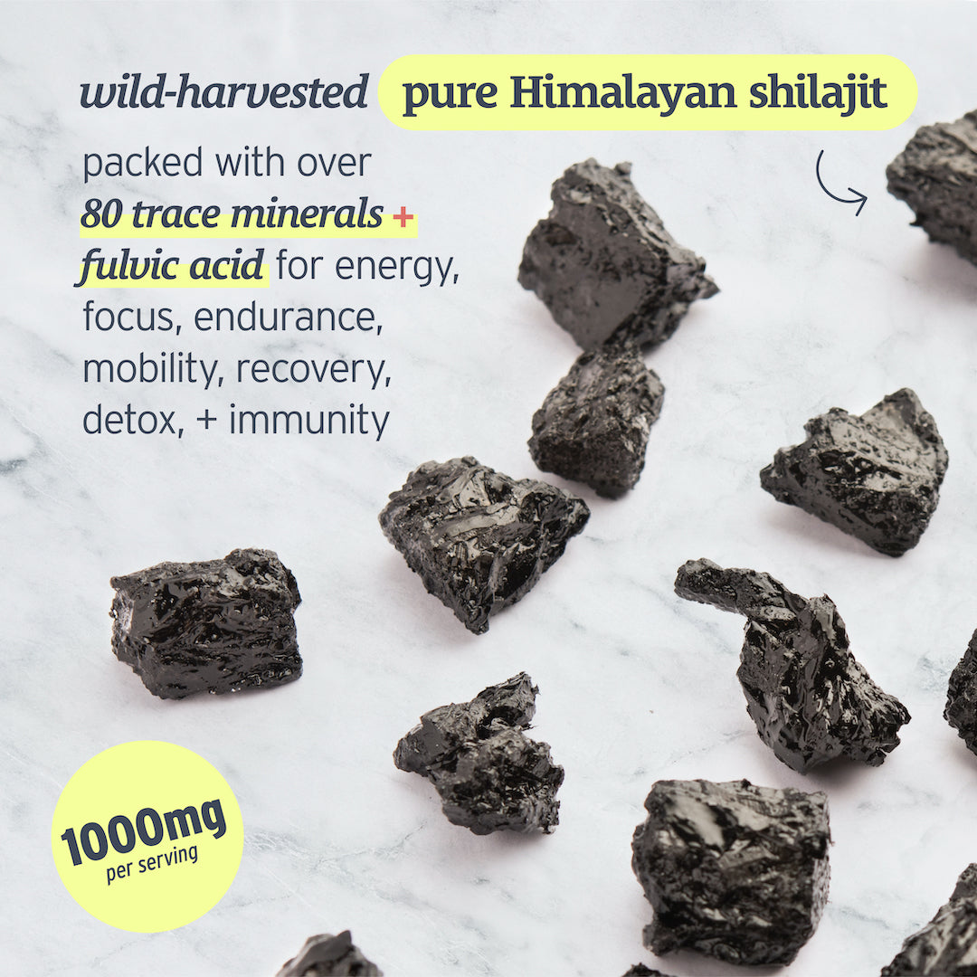 Chunks of Sunmed CBD's pure Himalayan Shilajit Gummies on a light surface with text describing their benefits, offering 1000mg per serving.