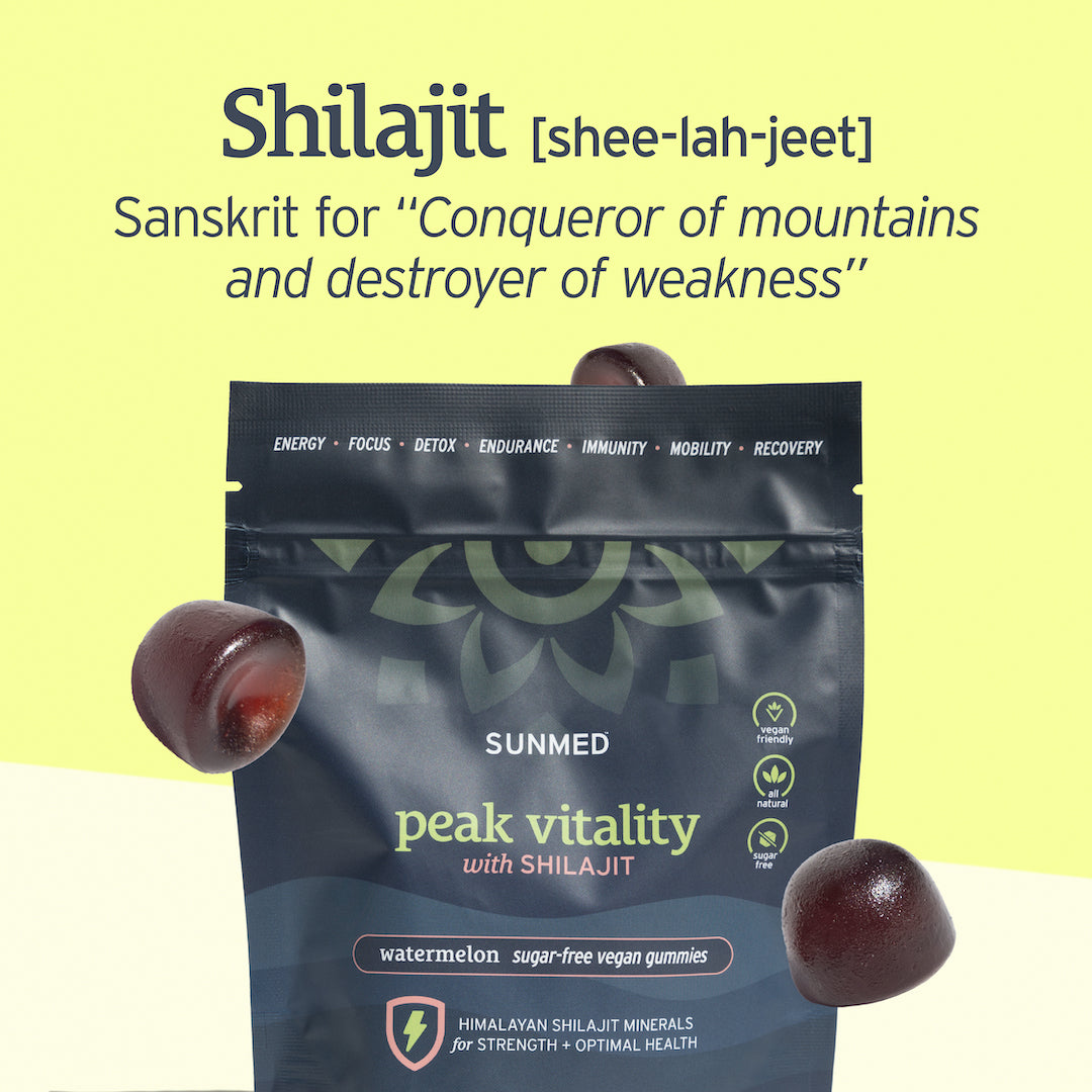 A bag of Sunmed CBD Shilajit Gummies, flavored with watermelon, set against a yellow background, featuring product benefits and description.