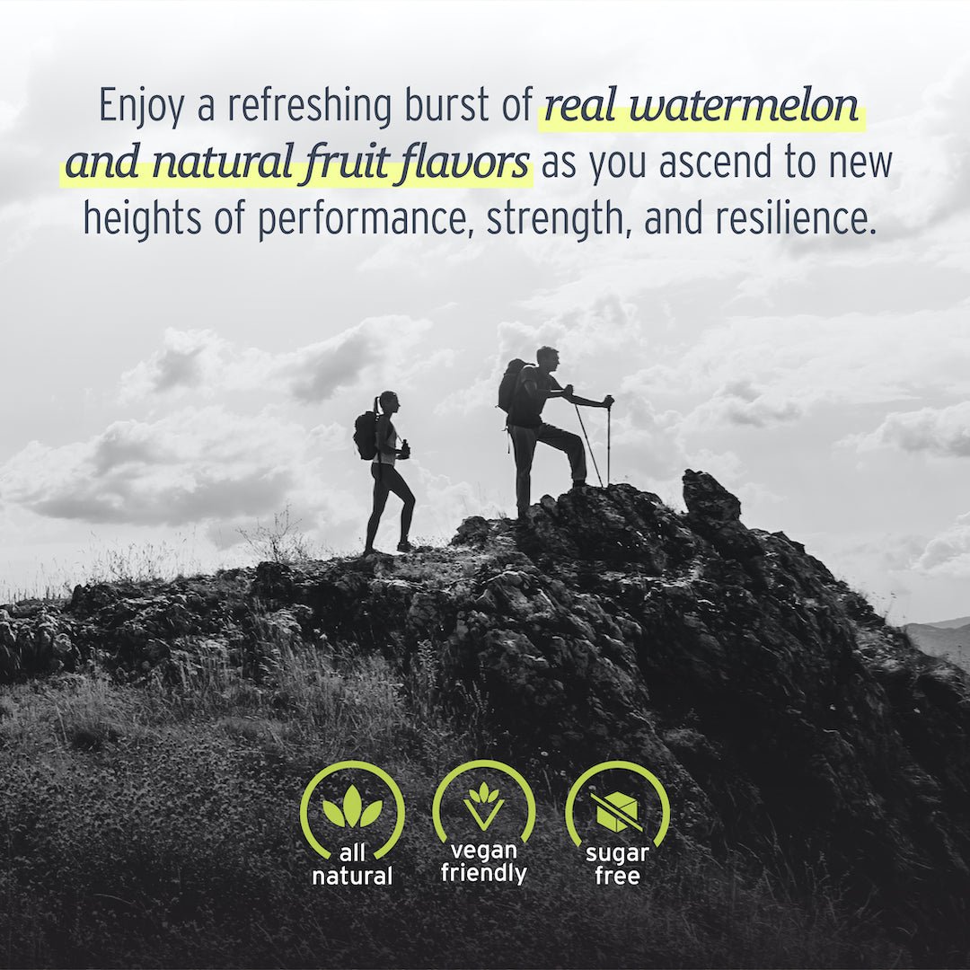 Two hikers trekking on a rocky hill under a cloudy sky, enjoying the refreshing fruit flavor and natural benefits of Sunmed CBD's Shilajit Gummies.