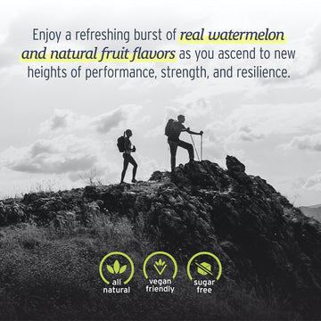 Two hikers trekking on a rocky hill under a cloudy sky, enjoying the refreshing fruit flavor and natural benefits of Sunmed CBD&