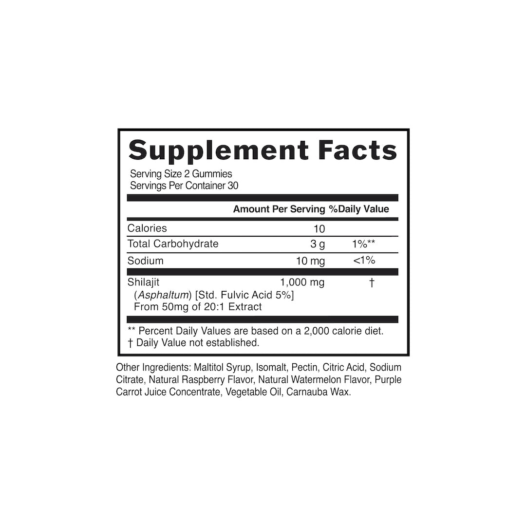 Shilajit Gummies Supplement Facts label by Sunmed CBD detailing serving size, ingredients, and nutritional values.