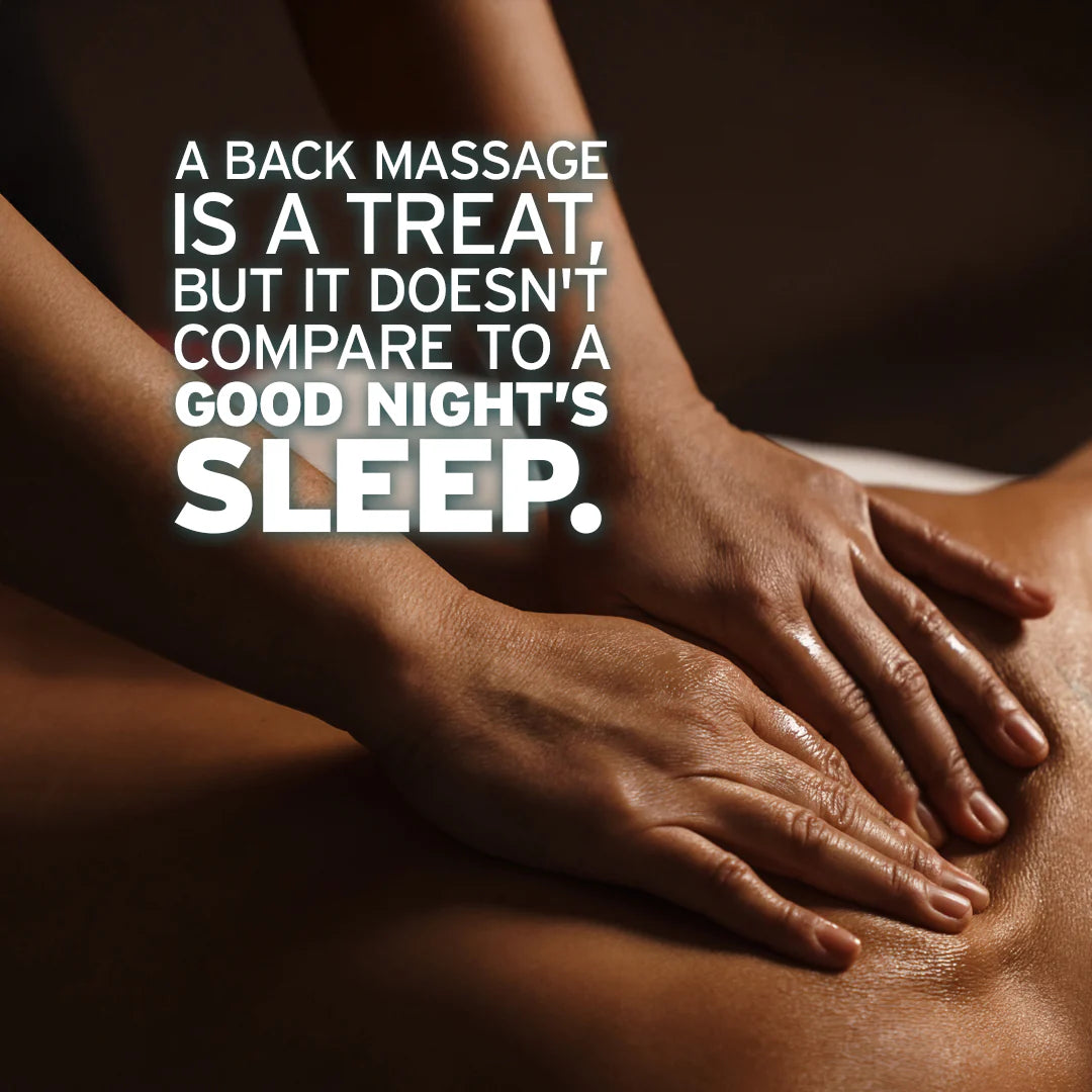 Two hands give a back massage with text exploring massages versus a good night’s sleep—underscoring that even the most relaxing treatments can’t match the benefits of quality rest, whether it comes naturally or with the help of a proven sleep aid like Sunmed CBD’s Full Spectrum Sleep CBN Gummies Starter Pack.