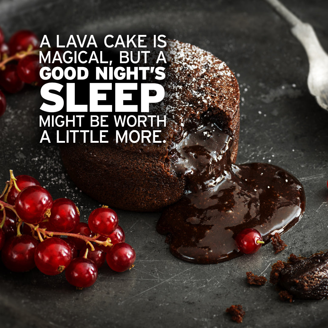 Full Spectrum Sleep CBN Gummies by Sunmed CBD with chocolate lava cake, red currants, a spoon, and text about restful sleep.