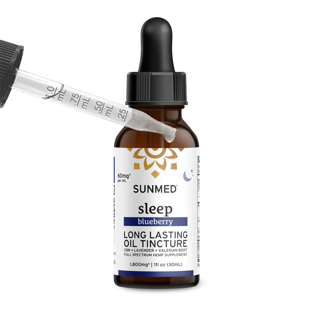 A dropper and a bottle of Sunmed CBD Full Spectrum Sleep CBN Tincture, 1800mg, 30ml. This powerful sleep tincture combines the benefits of valerian root with premium cannabinoids to help support restful nights.