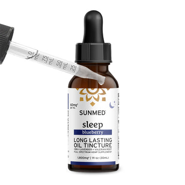 A dropper and a bottle of Sunmed CBD Full Spectrum Sleep CBN Tincture, 1800mg, 30ml. This powerful sleep tincture combines the benefits of valerian root with premium cannabinoids to help support restful nights.
