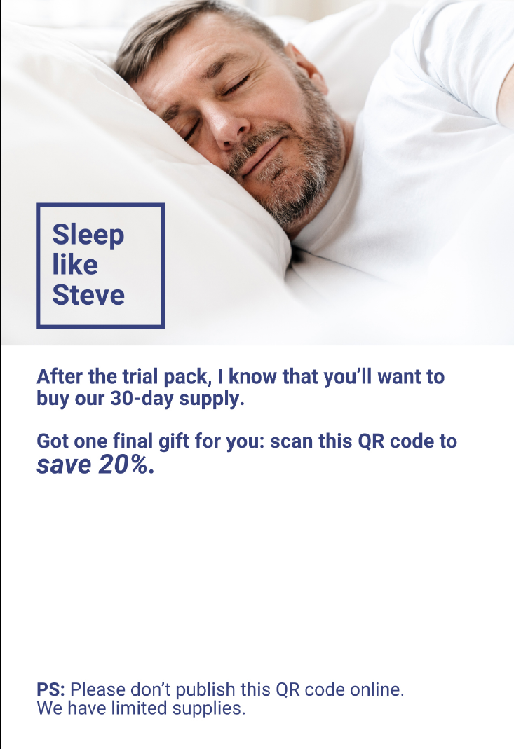 Middle-aged man sleeping peacefully on a pillow, with a "Sleep like Steve" offer featuring Sunmed CBD Sleep Gummies Insert supplements.