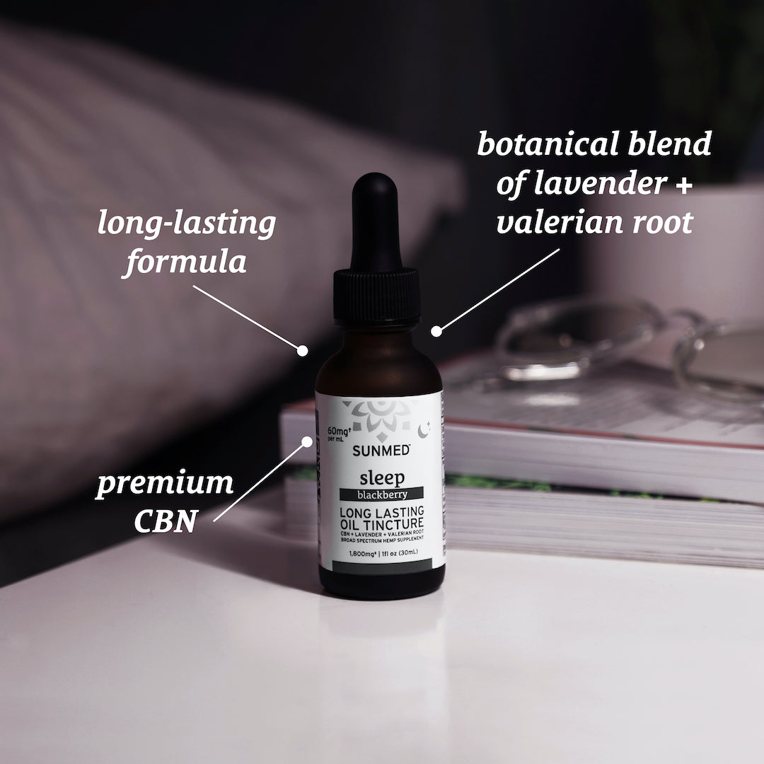 A bottle of Sunmed CBD Broad Spectrum Sleep CBN Tincture featuring labels that highlight its long-lasting formula, premium CBN, and a botanical blend of lavender and valerian root.