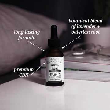 A bottle of Sunmed CBD Broad Spectrum Sleep CBN Tincture featuring labels that highlight its long-lasting formula, premium CBN, and a botanical blend of lavender and valerian root.