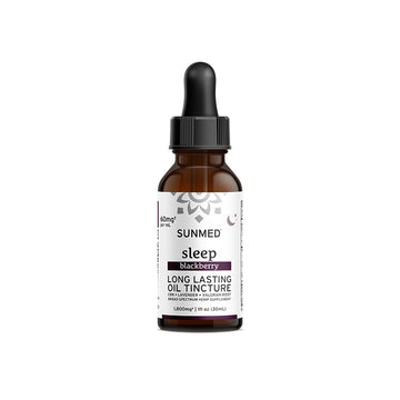 A bottle of Sunmed CBD Broad Spectrum Sleep CBN Tincture with 900mg strength, enhanced with a soothing blend of lavender and valerian root. The 1 fl oz (30mL) bottle comes with a convenient dropper lid.