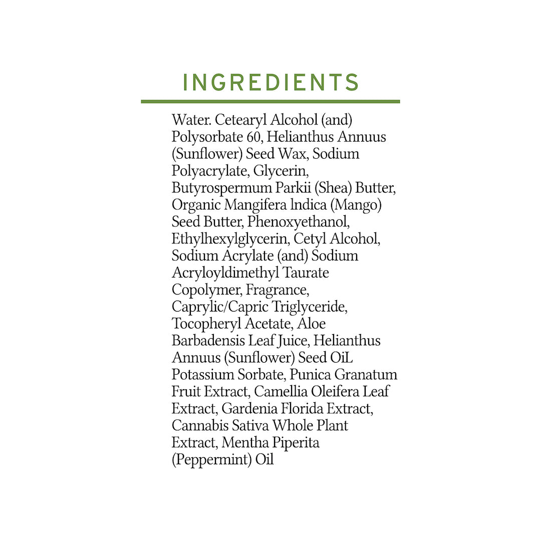 Columnar ingredient list: features various chemicals, extracts, and oils like Aloe Barbadensis Leaf Juice and Peppermint Oil, showcasing organic ingredients in Sunmed CBD's Hemp Moisturizing Lotion with Broad Spectrum CBD.