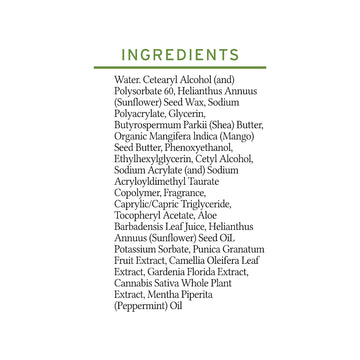 Columnar ingredient list: features various chemicals, extracts, and oils like Aloe Barbadensis Leaf Juice and Peppermint Oil, showcasing organic ingredients in Sunmed CBD&