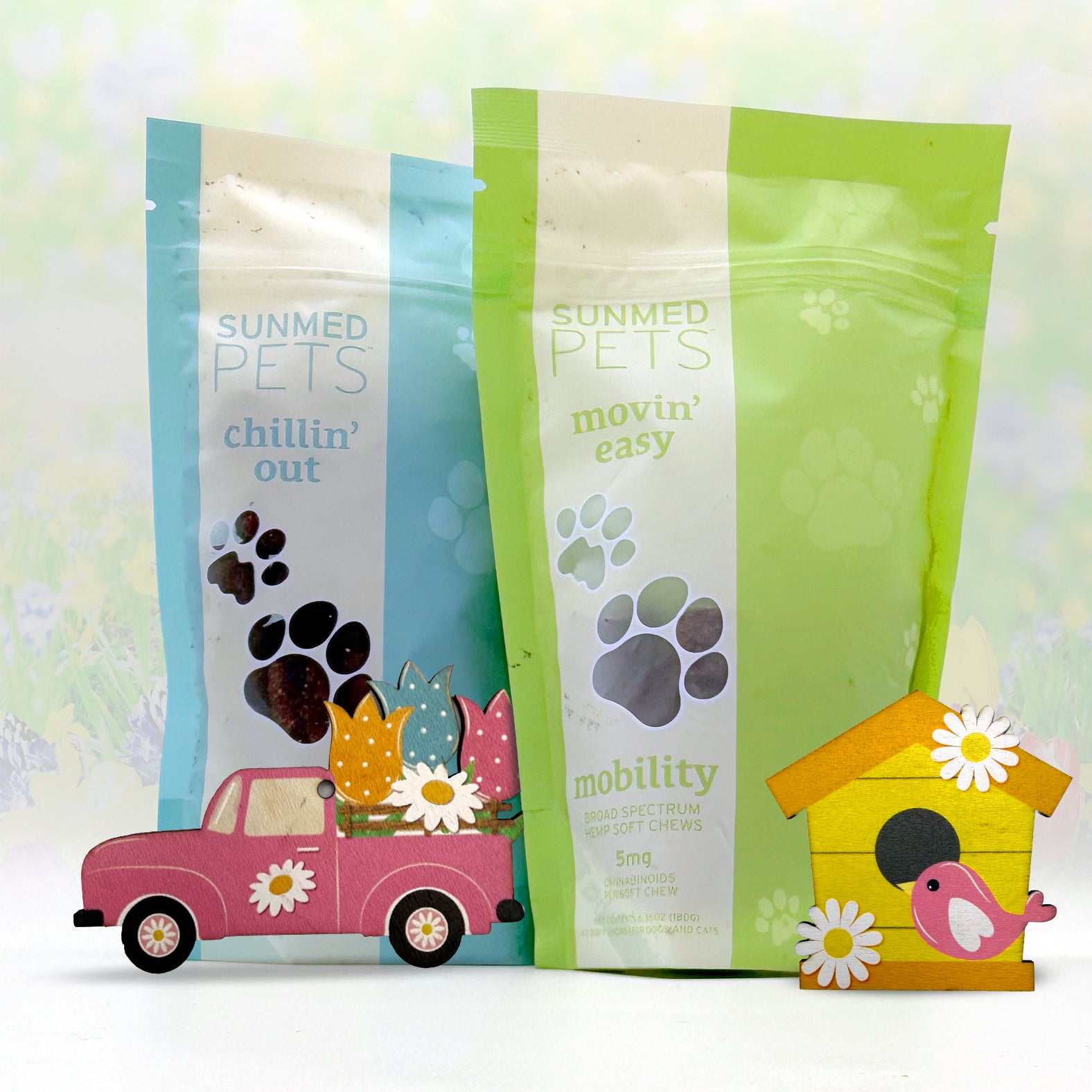 Support your pet’s joint health and ease anxiety with the Sunmed CBD Chillin' Out + Movin' Easy Pet Chew Bundle—featuring two bags of chews, plus a pink toy truck and yellow birdhouse for extra style.