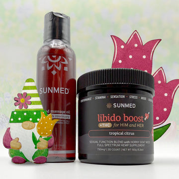 The Sunmed CBD Libido Gummies THC + Massage Oil Bundle, featuring playful gnome and flower accents, sets a charming scene perfect for relaxation and intimacy.