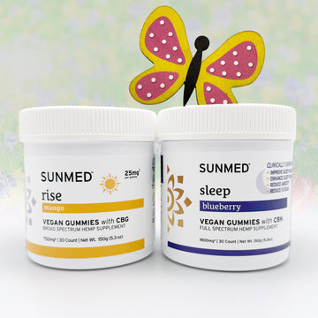 The Sunmed CBD Full Spectrum Sleep + Rise Gummies Bundle pairs CBG mango "rise" gummies with blueberry "sleep" gummies for all-day wellness, topped off with a charming butterfly decoration.