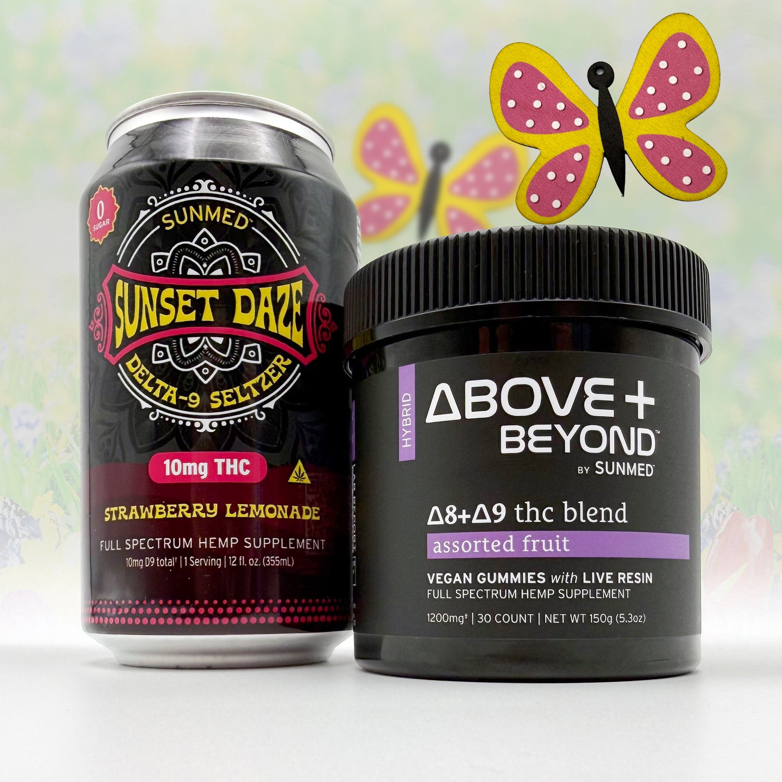The Sunmed CBD ABOVE + BEYOND Gummies + Sunset Daze Seltzer Bundle is shown with a butterfly above it.