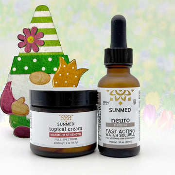 Two Sunmed CBD jars—the Full Spectrum Neuro Water Soluble + Topical Cream Bundle—are set before a spring gnome and a floral, pastel background.
