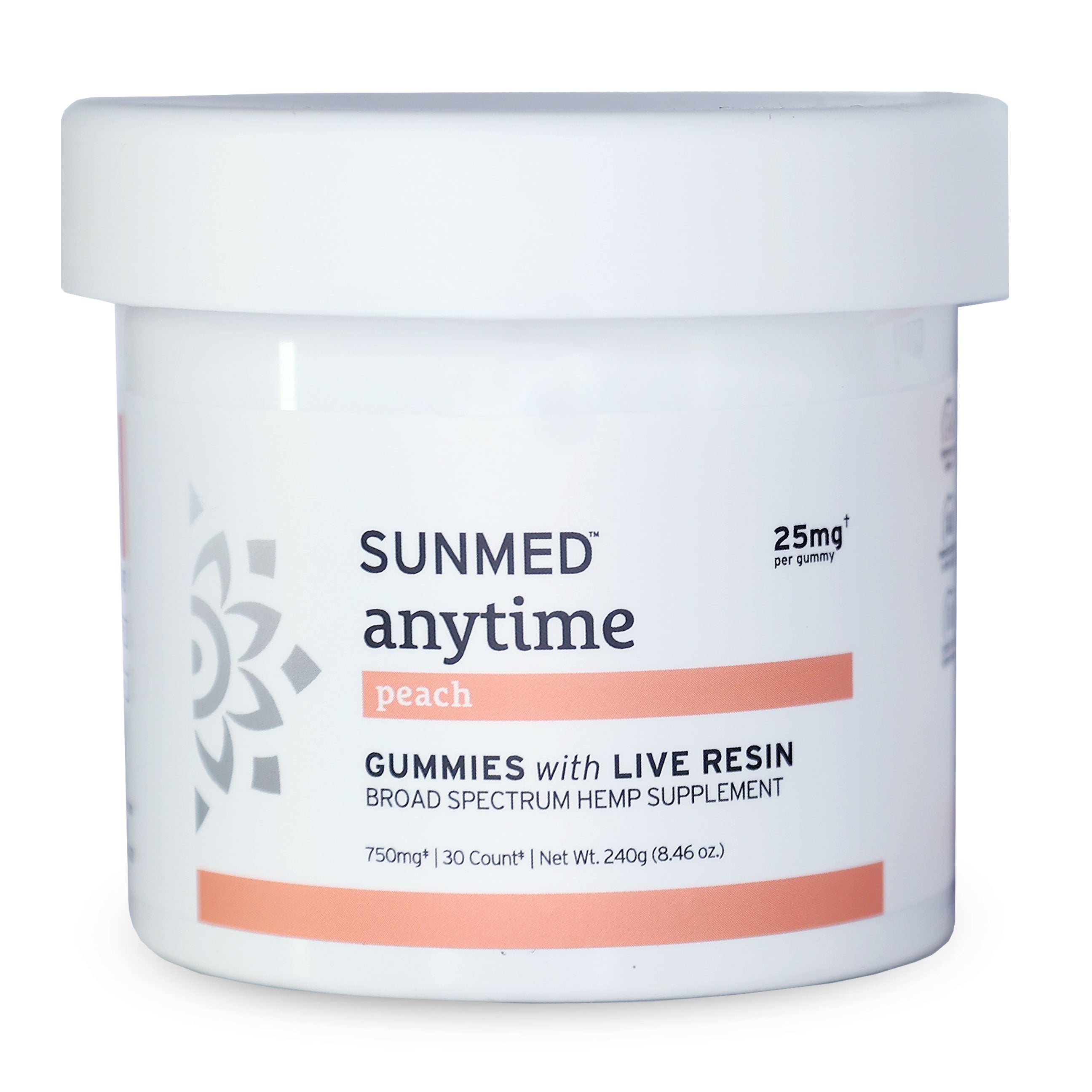 White jar labeled "Sunmed CBD Broad Spectrum CBD Anytime Gummies, peach flavor, 25mg per gummy, 30 count.