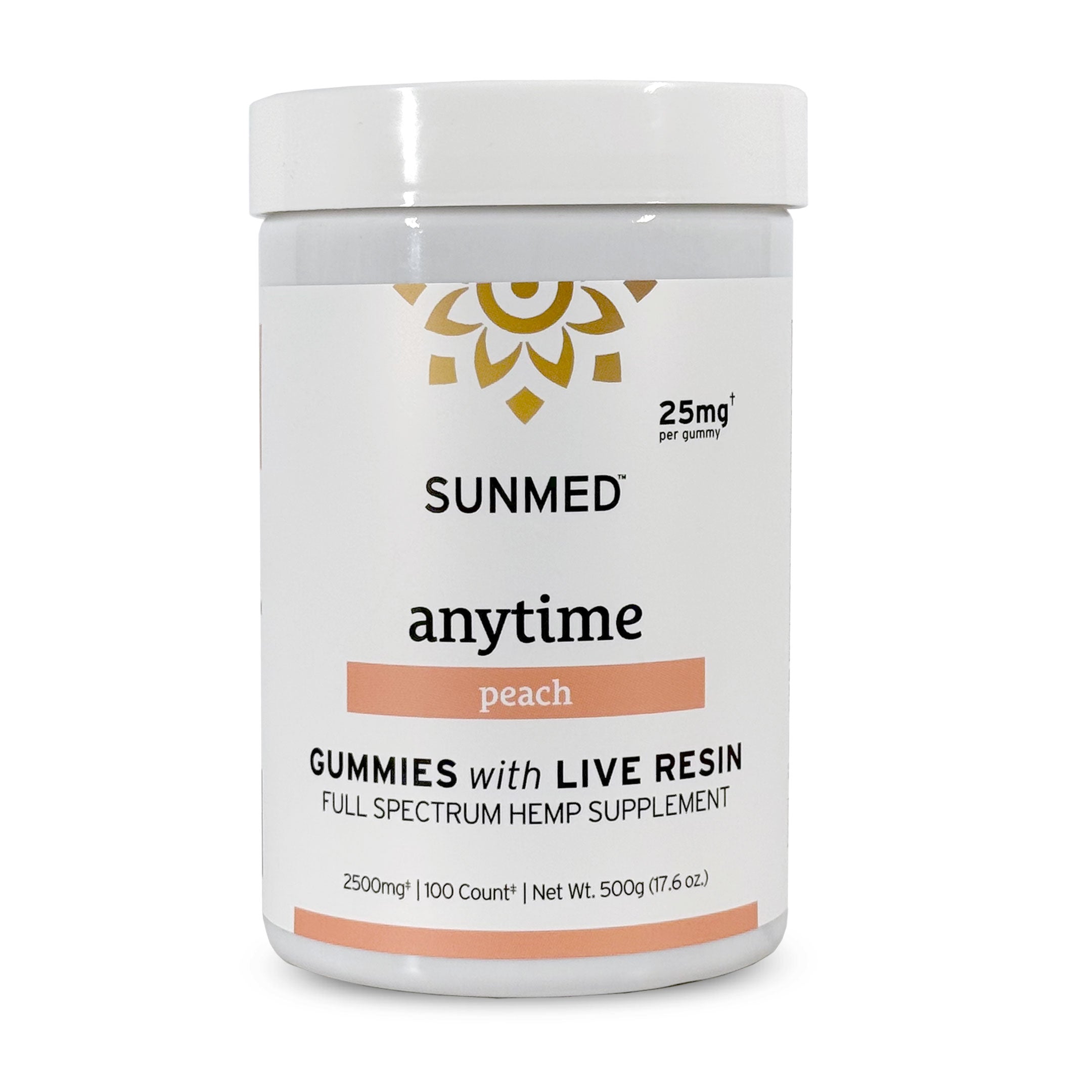 A container of Sunmed CBD Full Spectrum Anytime CBD Gummies, a full spectrum hemp supplement.
