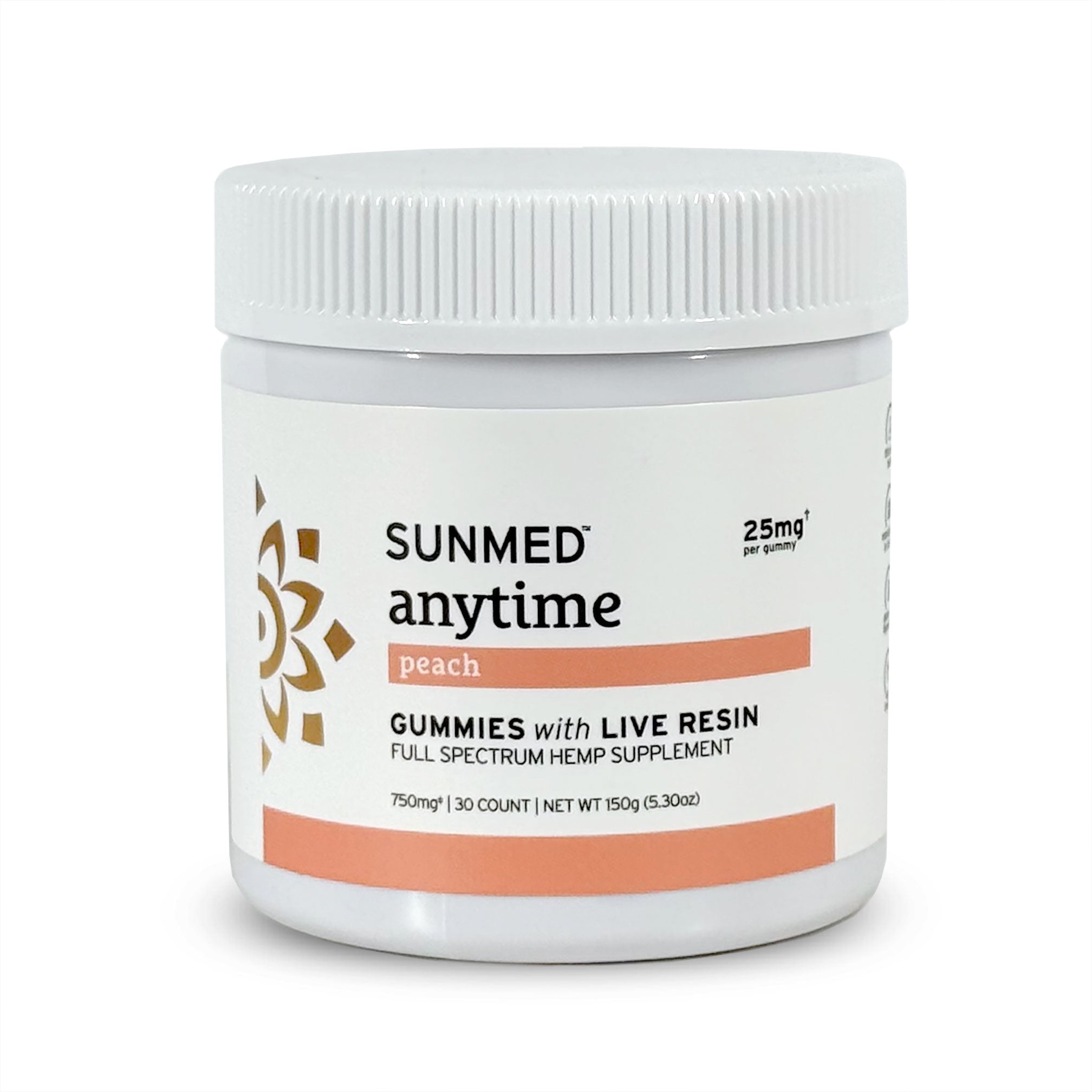 A white jar labeled "Sunmed CBD Full Spectrum Anytime CBD Gummies," offering hemp-derived gummies for a convenient supplement.