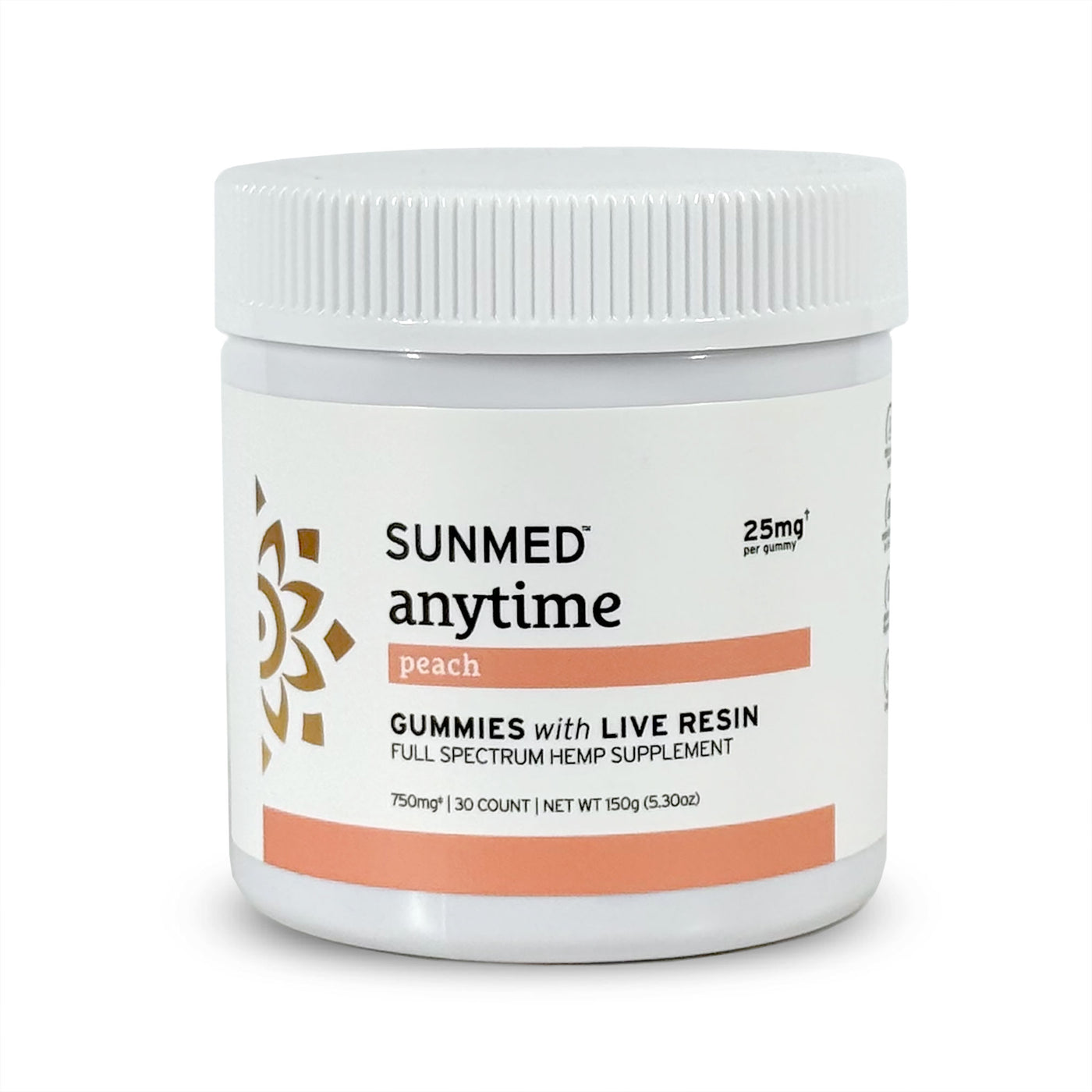 A white jar labeled "Sunmed CBD Full Spectrum Anytime CBD Gummies," offering hemp-derived gummies for a convenient supplement.