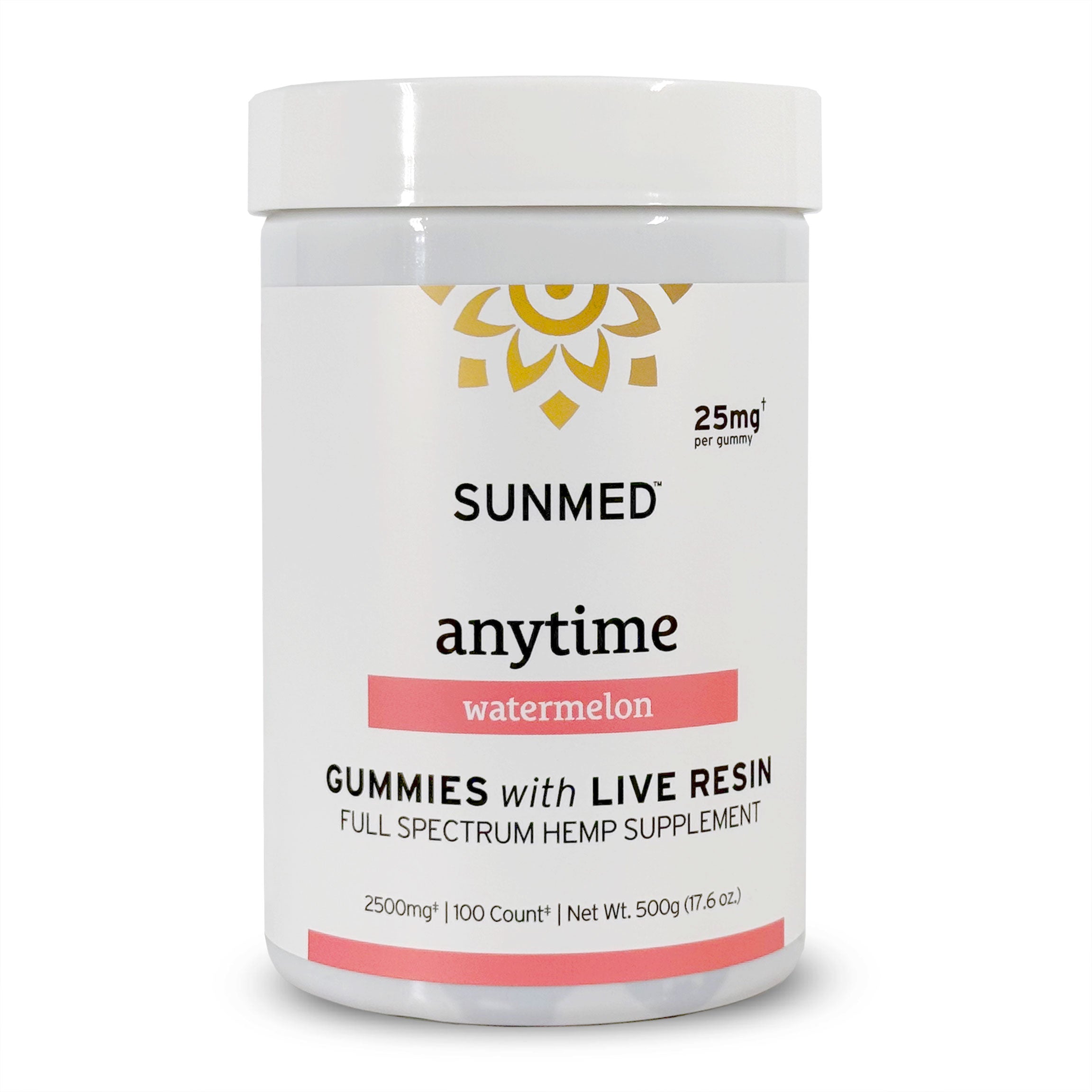 White container of Sunmed CBD Full Spectrum Anytime CBD Gummies, labeled as a hemp supplement with live resin, 25mg CBD per gummy, watermelon flavor.