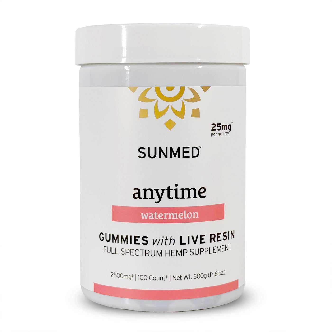 White container of Sunmed CBD Full Spectrum Anytime CBD Gummies, labeled as a hemp supplement with live resin, 25mg CBD per gummy, watermelon flavor.