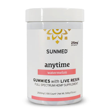 White container of Sunmed CBD Full Spectrum Anytime CBD Gummies, labeled as a hemp supplement with live resin, 25mg CBD per gummy, watermelon flavor.