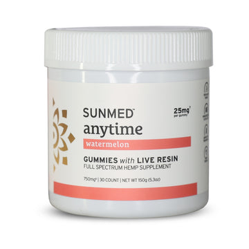 White jar labeled "Sunmed CBD Full Spectrum Anytime CBD Gummies, 30 count, hemp-derived watermelon gummies with live resin.