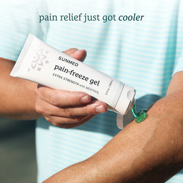 A person applies Sunmed CBD Broad Spectrum CBD Pain Relief Menthol Gel to their arm, with text "pain relief just got cooler" in the background.