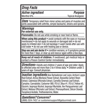 Drug facts label showing active ingredient menthol 6% in Broad Spectrum CBD Pain Relief Menthol Gel. Includes usage, warnings, directions, other ingredients, and contact info for Sunmed CBD.