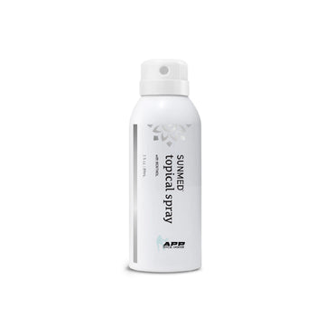 White canister labeled "Broad Spectrum CBD Menthol Spray for Pain" with a logo and "Sunmed CBD, 3.1 oz (88 mL)" text on a white background, offering rapid pain relief as a topical analgesic.