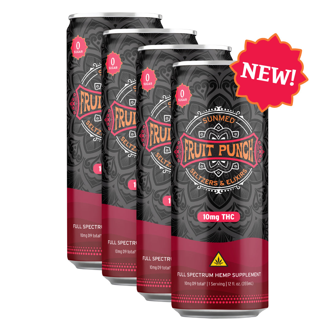 Four cans of Sunmed CBD’s Fruit Punch Delta 9 THC Seltzer, each infused with 10mg Delta 9 THC, are arranged in a row with a bright “NEW!” label on display. This refreshing hemp beverage features a fruity punch flavor that’s perfect for fans of strawberry lemonade twists.