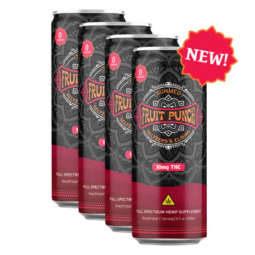 Four cans of Sunmed CBD’s Fruit Punch Delta 9 THC Seltzer, each infused with 10mg Delta 9 THC, are arranged in a row with a bright “NEW!” label on display. This refreshing hemp beverage features a fruity punch flavor that’s perfect for fans of strawberry lemonade twists.